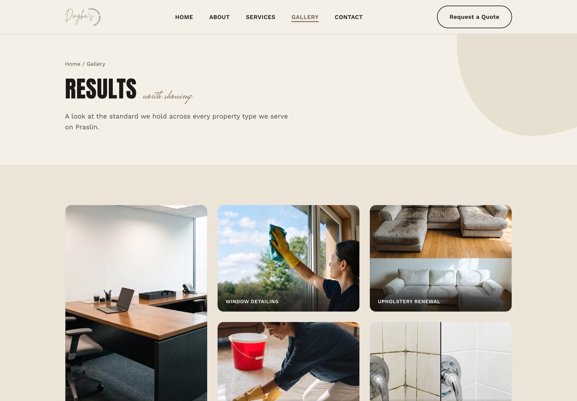 Galerieseite der Website von Dingka's Cleaning Services mit umgesetzten Arbeiten in verschiedenen Objektarten