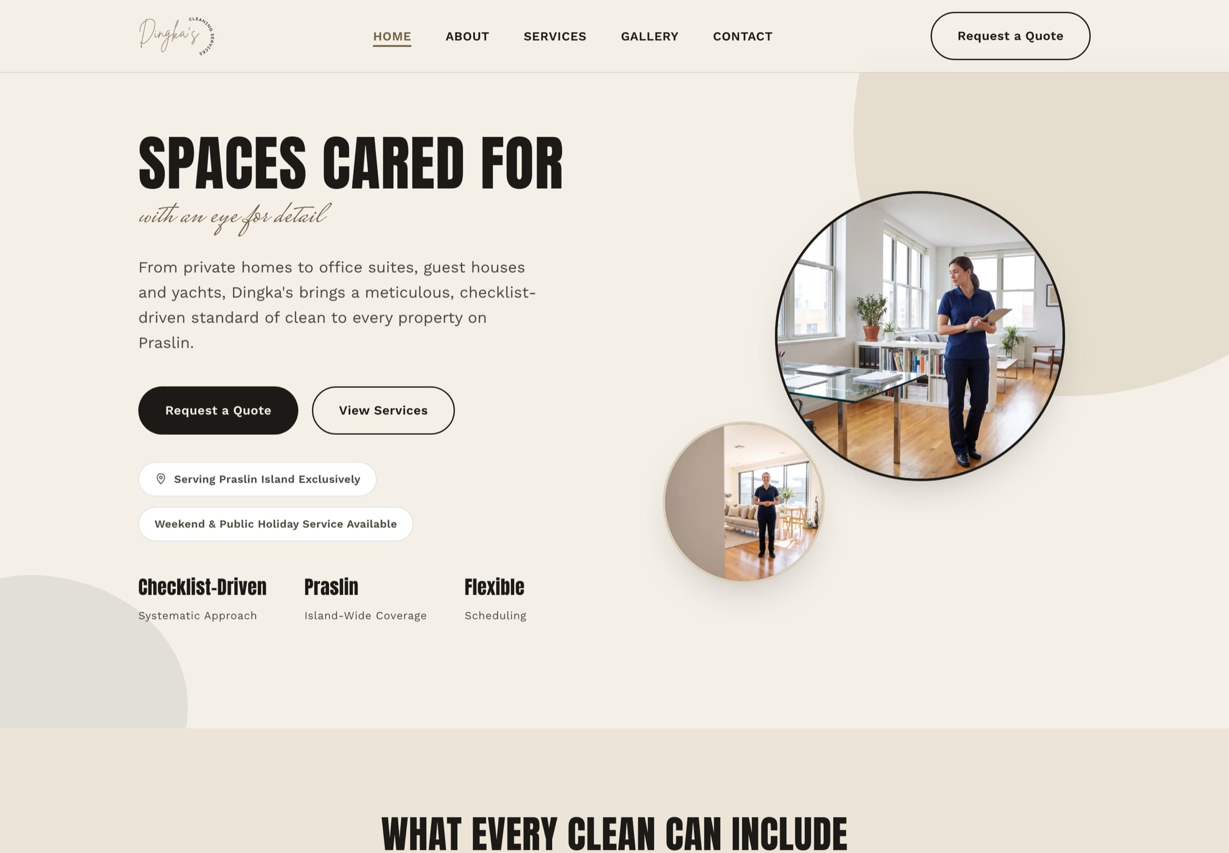 Startseite der Website von Dingka's Cleaning Services auf einem Desktop-Bildschirm, mit Schlagzeile, Einsatzgebiet und Objektarten