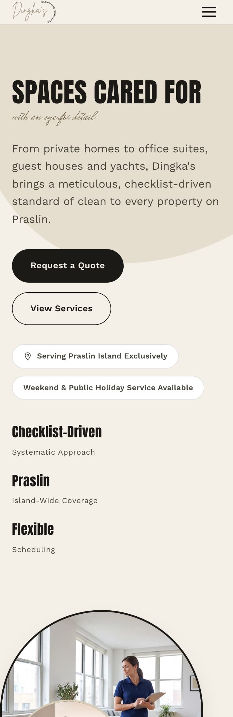 Home page of the Dingka's Cleaning Services website on a phone, with the same facts stacked for a narrow screen