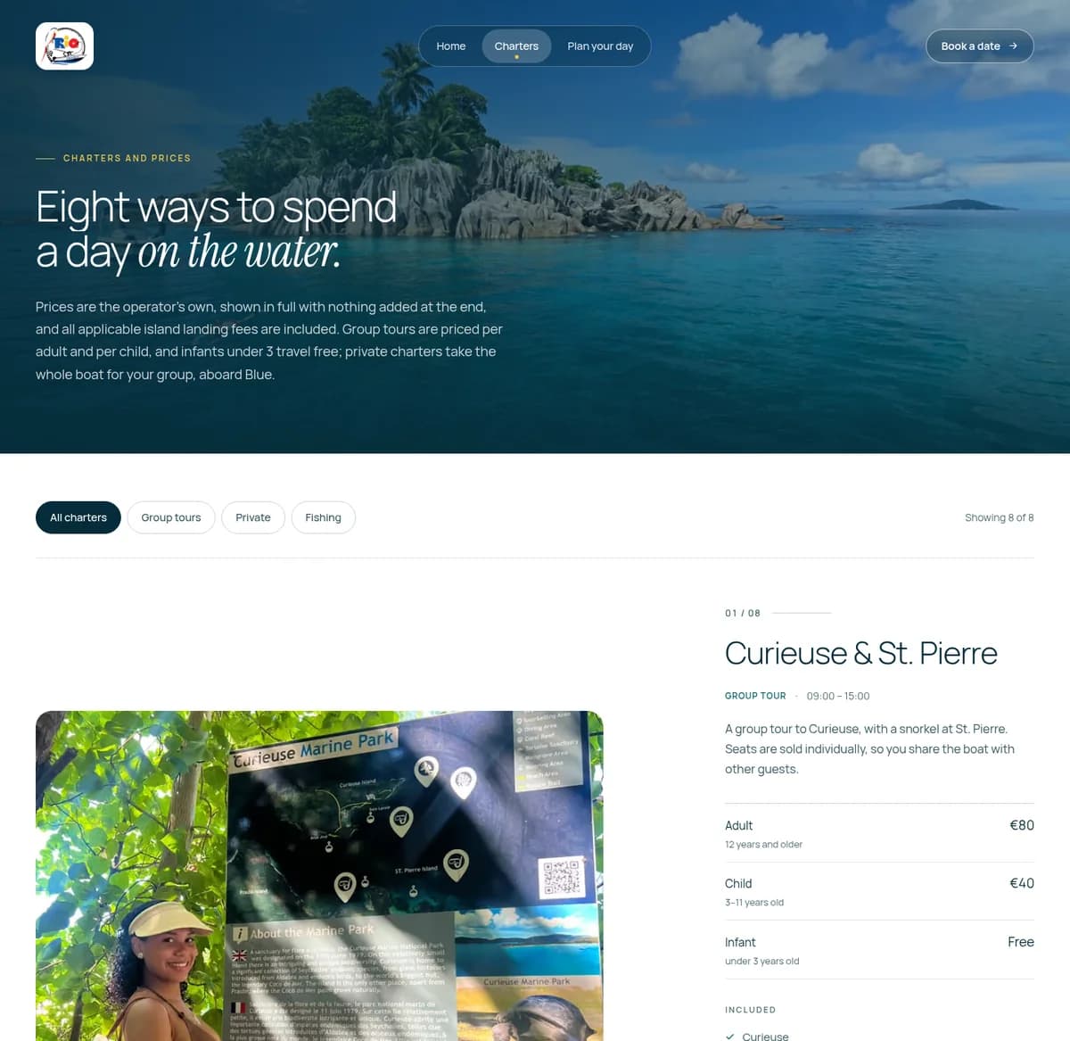 Rio Charters website: Charters — desktop