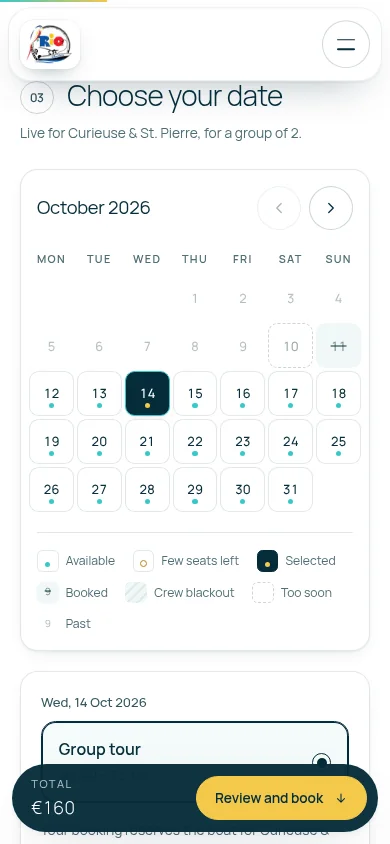 Rio Charters website: Date selection — mobile
