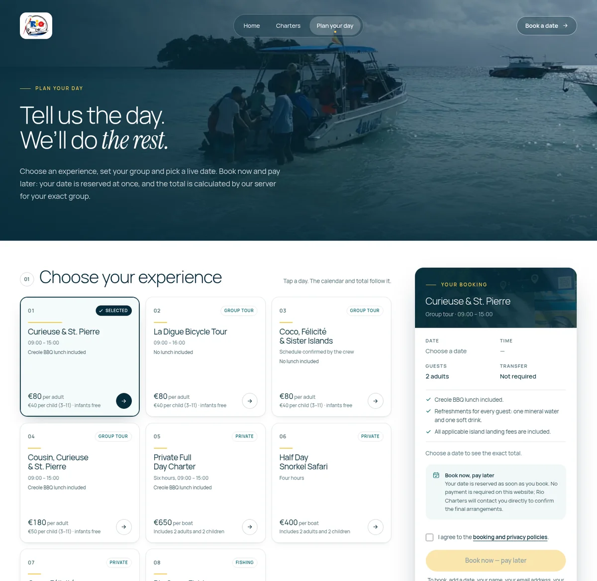 Rio Charters website: Plan your day — desktop