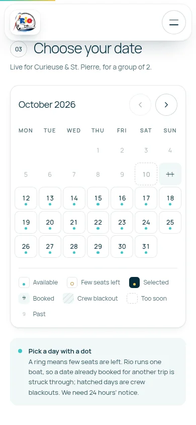 Rio Charters website: Booking flow — mobile