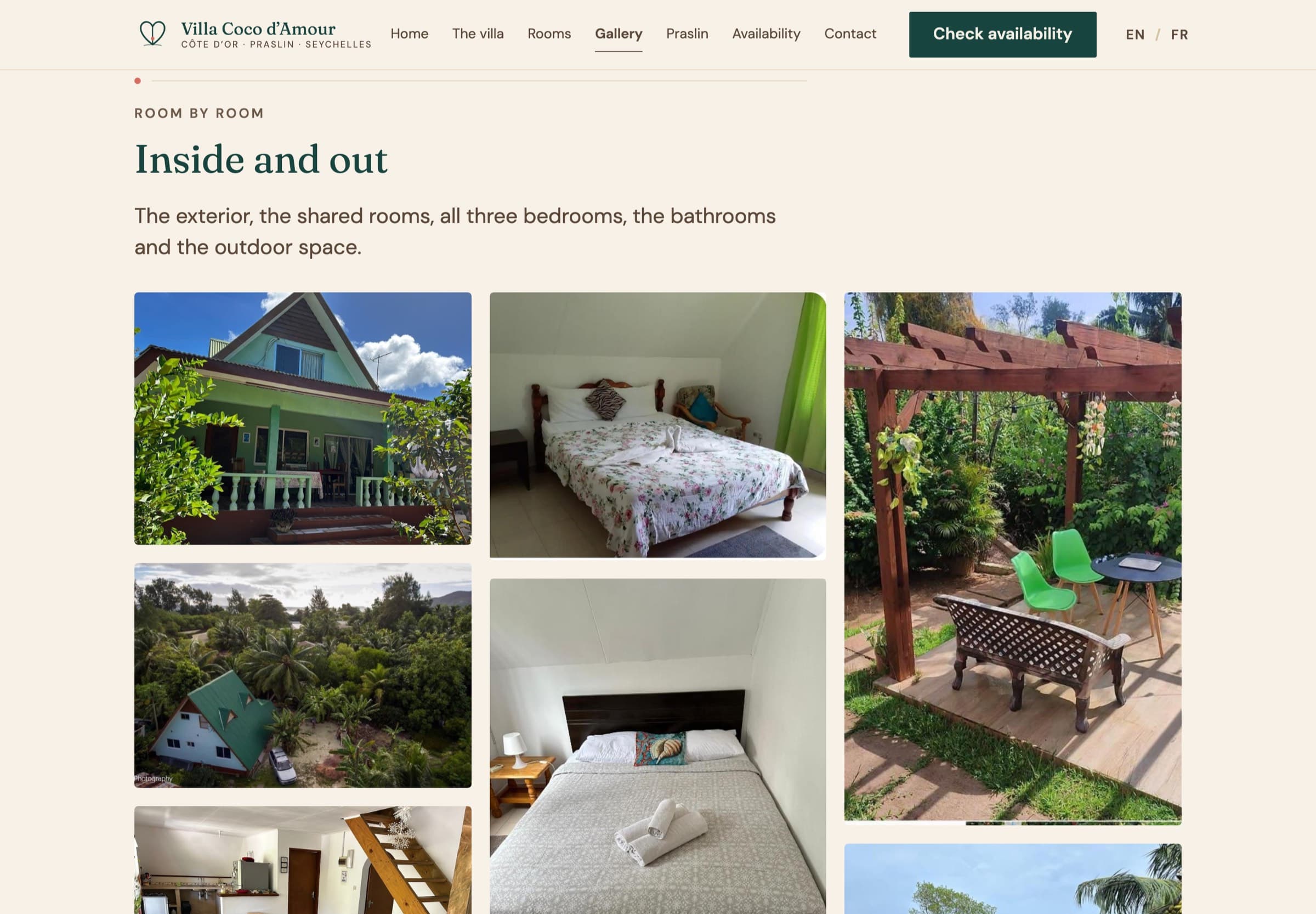 The gallery of the Villa Coco d’Amour website, showing seven photographs of the house at once: the exterior, two bedrooms, the kitchen, the garden pergola and the view over the palms