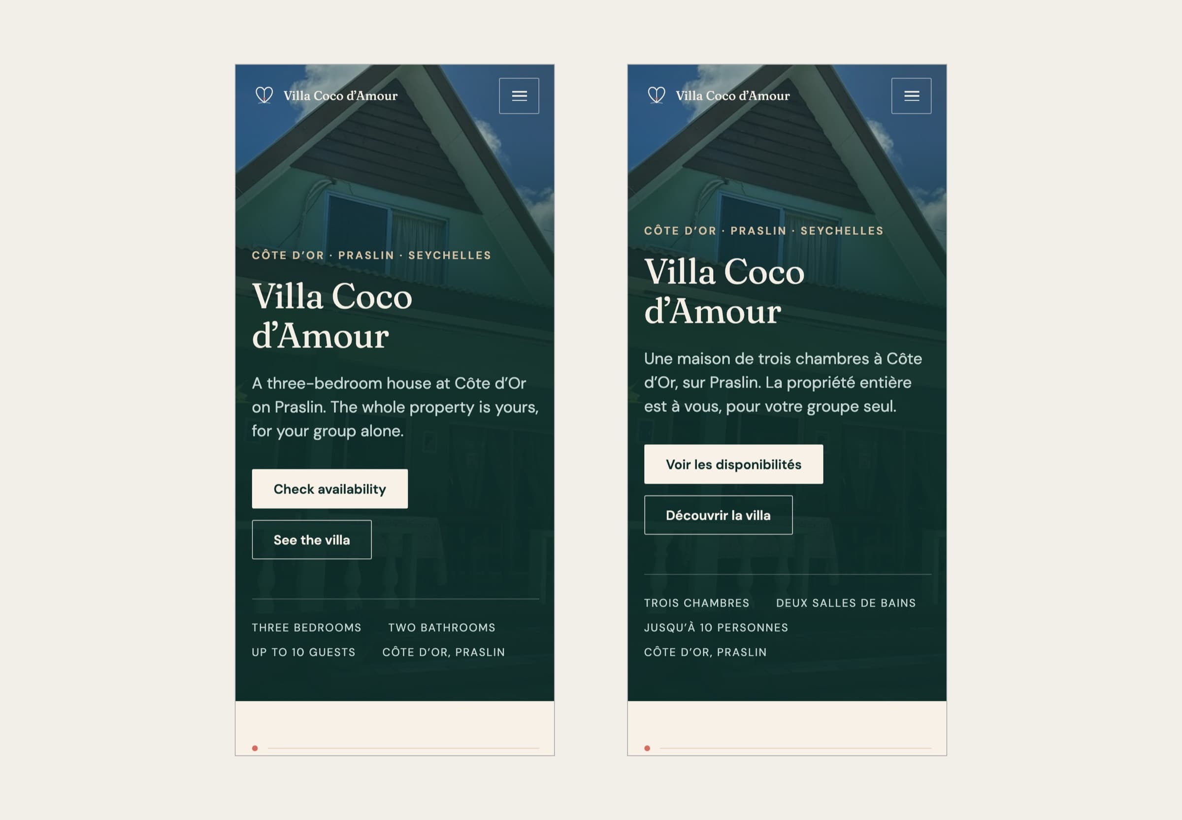 The same Villa Coco d’Amour home screen shown on two phones side by side at identical scale, the left in English and the right in French, with the same headline, buttons and facts strip in each language