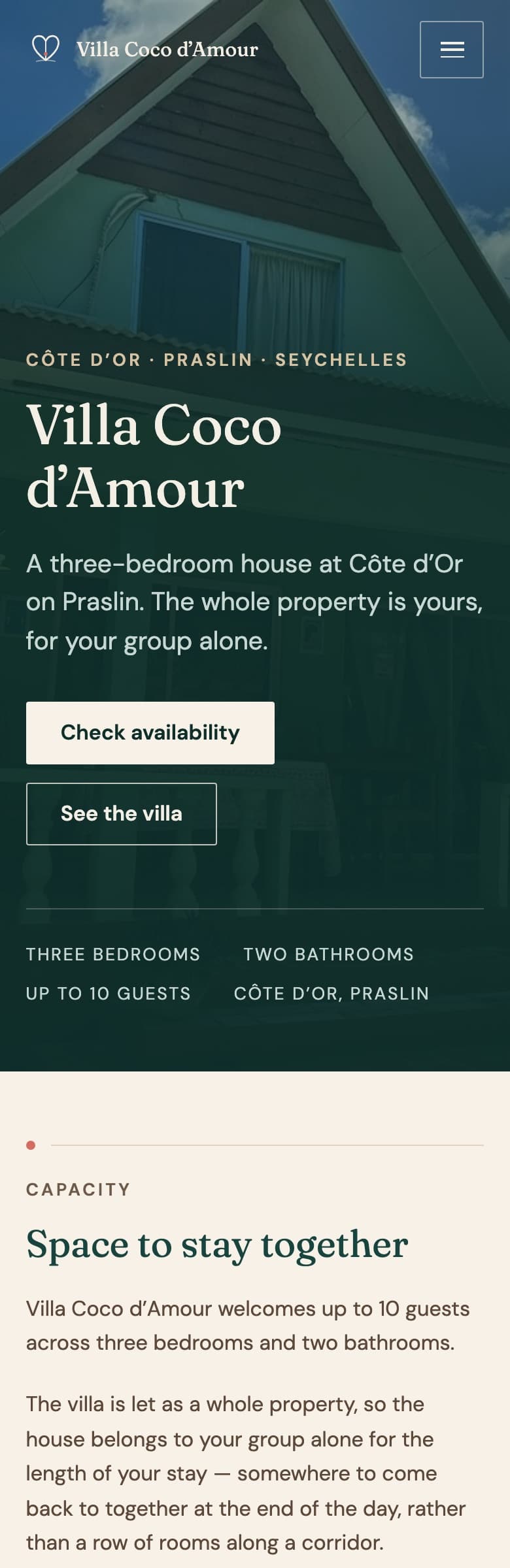The Villa Coco d’Amour home page on a phone: the property name over the photograph of the green timber house, the opening description, both calls to action and the facts strip, stacked for a narrow screen